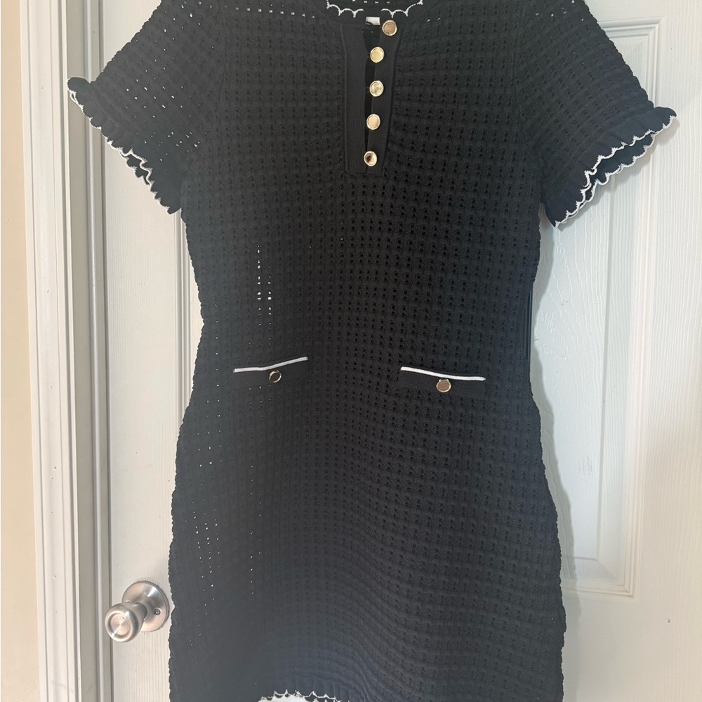 Sandro Black Crochet Dress with White Accents